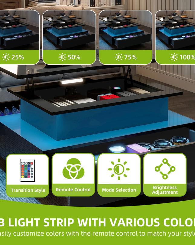 LED Lift-Top Coffee Table – 85 × 55 × 41 cm, Adjustable Height, 2 Drawers, 16 Colours